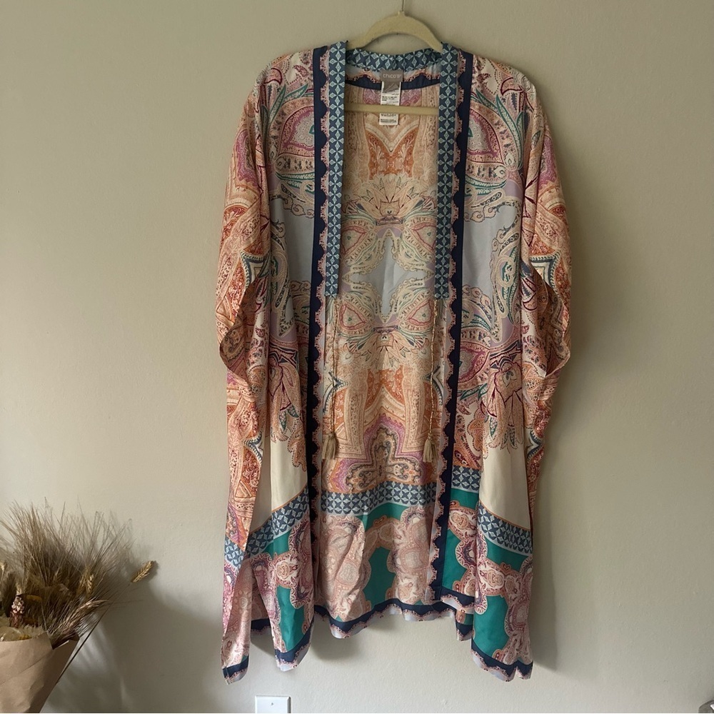 Chico's Medallion-Print Boho 100% Silk Ruana Wrap Beach Cover Up Tassel Tie S/M - Picture 4 of 14